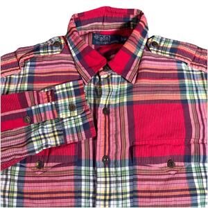 Polo Ralph Lauren Men's M Madras Plaid Long Sleeve Button Down Epaulets VtG